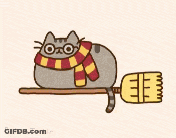 Cartoon Cat Wearing Glasses And Scarf Riding Broom GIF