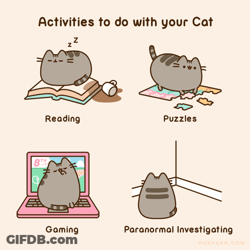 Cartoon Cat With Activities Reading Puzzles Gaming GIF