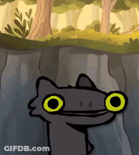 Cartoon Cat With Big Yellow Eyes Standing Next To Tree In Woods GIF
