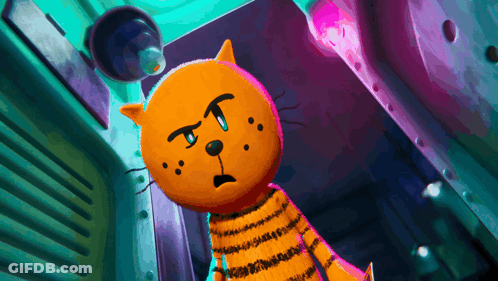 Cartoon Cat With Black Spots In Dark Room GIF