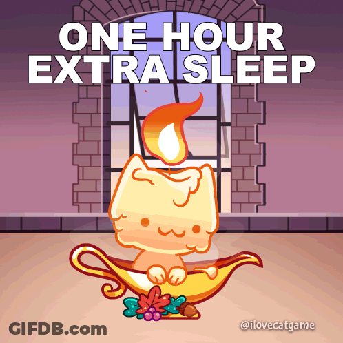 Cartoon Cat With Candle Saying One Hour Extra Sleep GIF