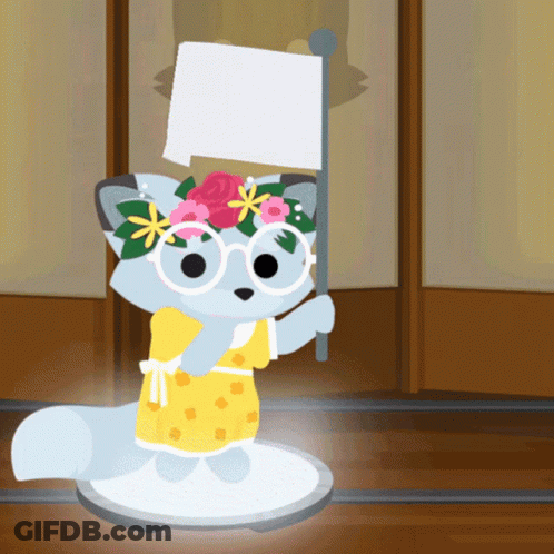 Cartoon Cat With Glasses And Flower Crown Holding Flag GIF