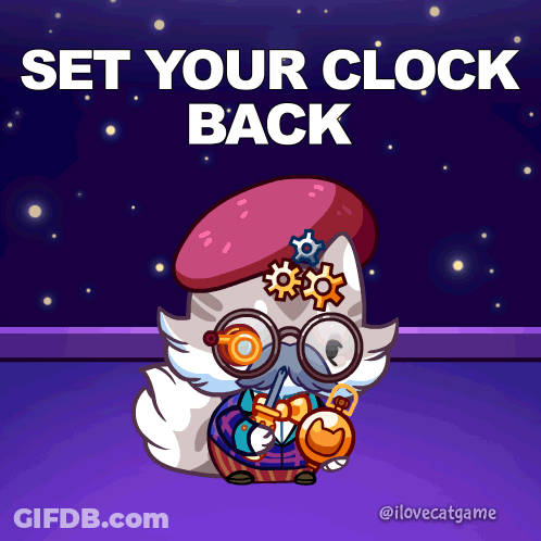 Cartoon Cat With Glasses And Hat Set Your Clock Back GIF
