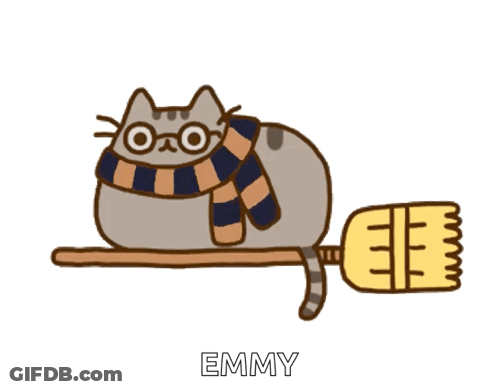 Cartoon Cat With Glasses And Scarf Lying On Broom Emmy GIF