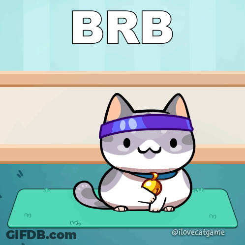 Cartoon Cat With Headband Holding Bell Saying BRB GIF