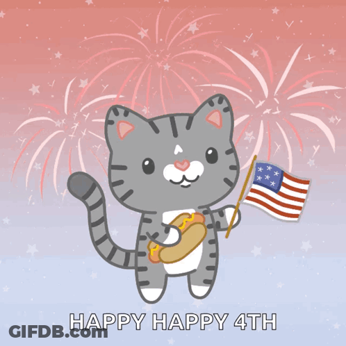 Cartoon Cat With Hot Dog And Flag Saying Happy Happy 4Th GIF