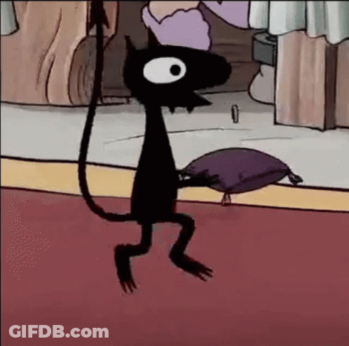 Cartoon Cat With Long Tail Next To Purple Pillow On Red Carpet GIF