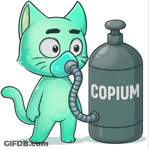 Cartoon Cat With Oxygen Mask And Copium Bottle GIF