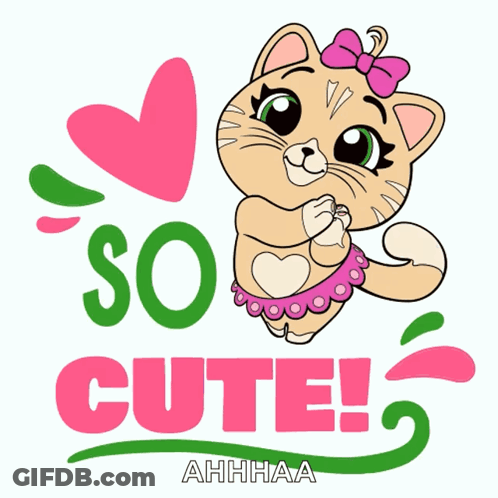 Cartoon Cat With Pink Bow Saying So Cute GIF
