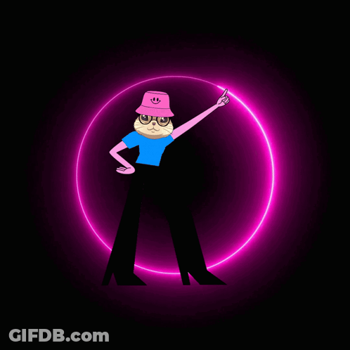 Cartoon Cat With Pink Smiley Hat Pointing GIF