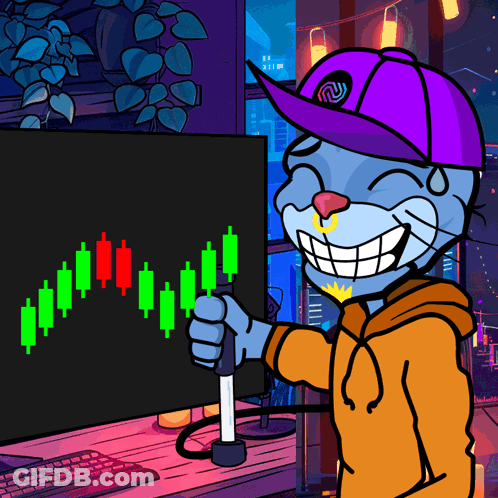 Cartoon Cat With Purple Hat Holding Candlestick Sign GIF