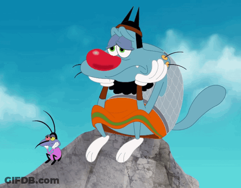 Cartoon Cat With Red Nose Sitting On Rock Next To Cockroach GIF