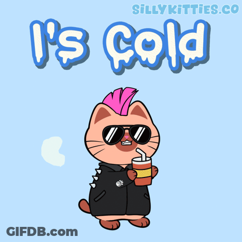 Cartoon Cat With Sunglasses And Mohawk Holding Hot Beverage Saying I's Cold GIF