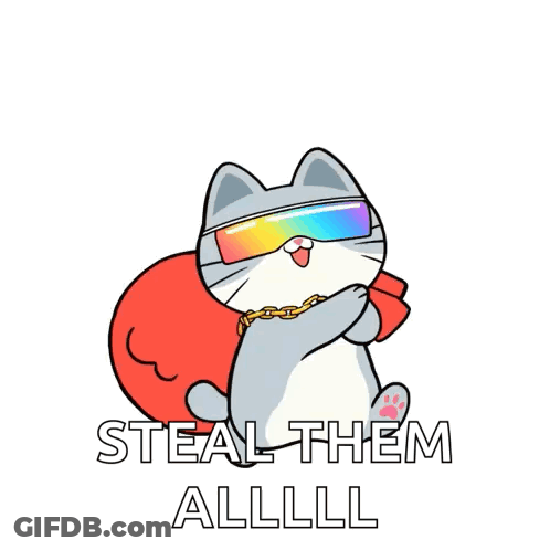 Cartoon Cat With Sunglasses Holding Red Bag Saying Steal Them Alllll GIF
