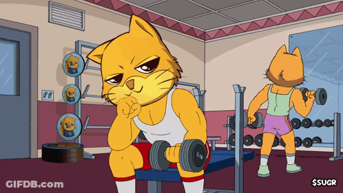 Cartoon Cats Lifting Dumbbells GIF