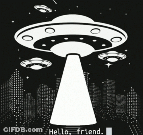 Cartoon Character Abducted By Flying Saucer Saying Hello Friend GIF