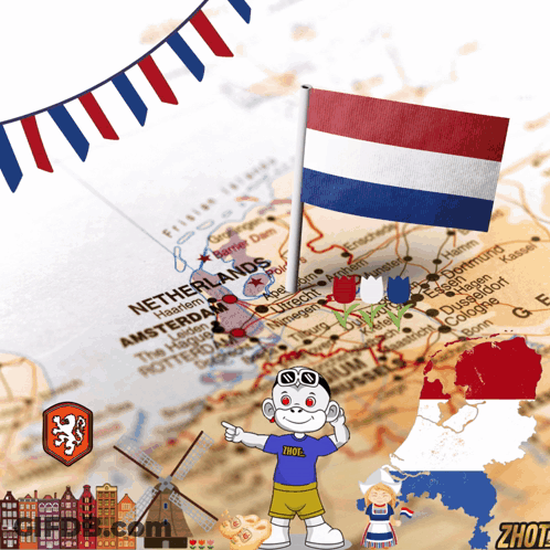 Cartoon Character And Netherlands Map With Flags GIF
