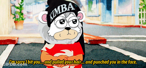 Cartoon Character Apologizing For Biting, Hair Pulling, Punching GIF