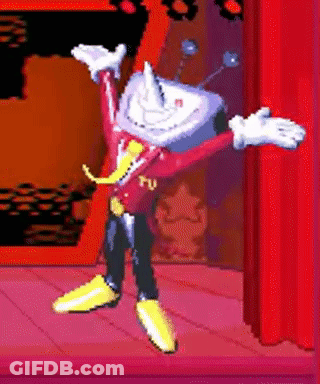 Cartoon Character Arms Outstretched Red Curtain GIF