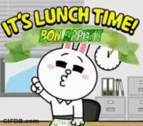 Cartoon Character At Desk Saying It's Lunch Time GIF
