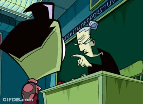 Cartoon Character At Desk With Blackboard GIF