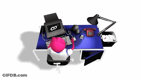 Cartoon Character At Desk With Computer And Printer Saying Infinity GIF
