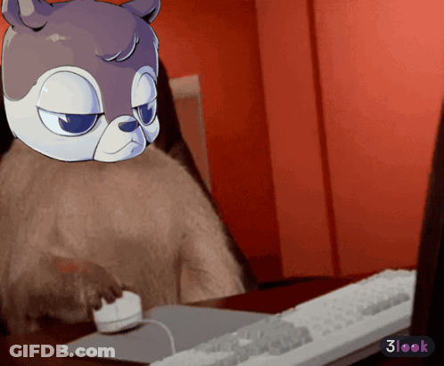 Cartoon Character At Desk With Keyboard Mouse And 3Look Sticker GIF