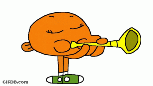 Cartoon Character Blowing Trumpet On Pile Of Books GIF