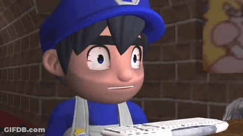 Cartoon Character Blue Hat Overalls Holding White Keyboard GIF