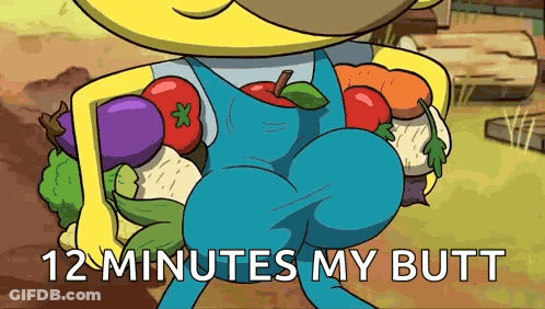 Cartoon Character Carrying Fruits And Vegetables With 12 Minutes My Butt GIF