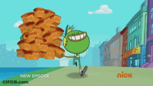 Cartoon Character Carrying Stack Of Bread With Nick Logo GIF