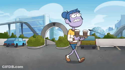 Cartoon Character Carrying Tray With Two Cups Of Coffee GIF