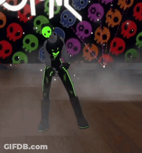 Cartoon Character Dancing By Skull Wall GIF