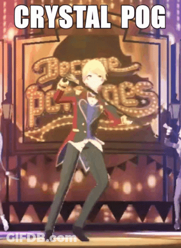 Cartoon Character Dancing In Front Of Crystal Pog Sign GIF