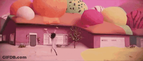 Cartoon Character Dancing In Front Of Pink Ice Cream House GIF