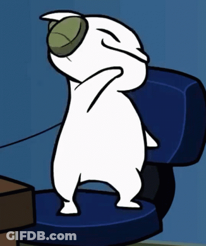 Cartoon Character Dancing On Blue Chair With Headphones GIF