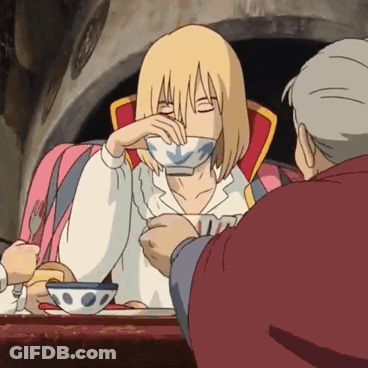 Cartoon Character Drinking From Cup With Blue Arrow GIF