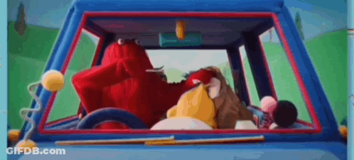 Cartoon Character Driving Blue Car With Toys GIF