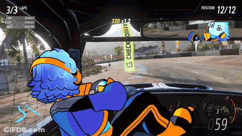 Cartoon Character Driving Car With Check Dirt Banner GIF