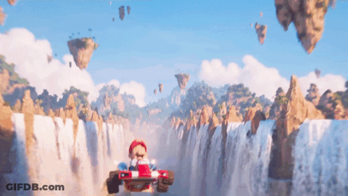 Cartoon Character Driving Red And White Vehicle Near Waterfall GIF