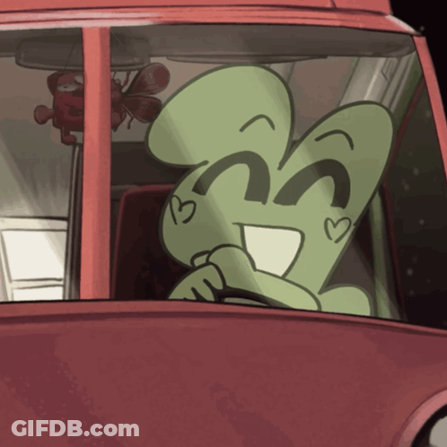 Cartoon Character Driving Red Car And Smiling GIF