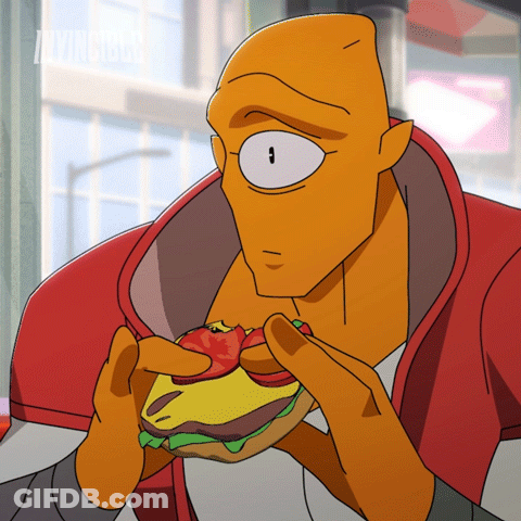 Cartoon Character Eating Hamburger With Tomato GIF