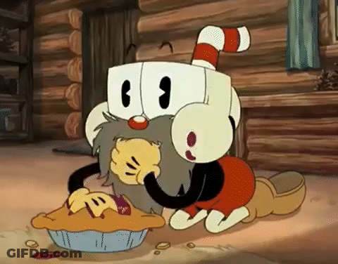 Cartoon Character Eating Pie In Pie Pan GIF