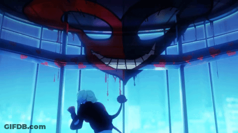 Cartoon Character Facing Blood Dripping Monster GIF