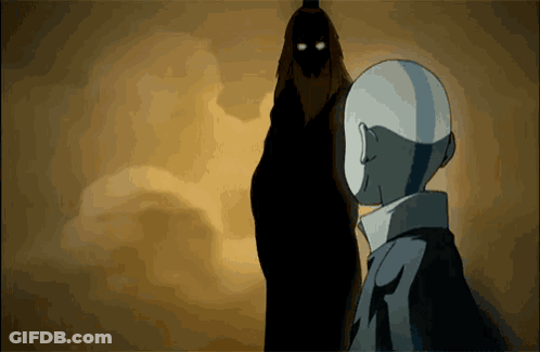 Cartoon Character Facing Shadowy Figure With Glowing Eyes GIF