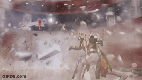 Cartoon Character Fighting Robot In Stadium GIF