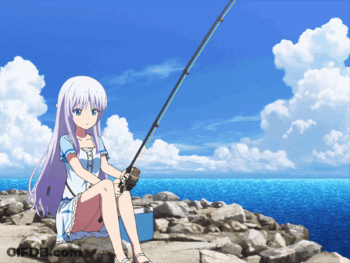 Cartoon Character Fishing On Rock In River GIF