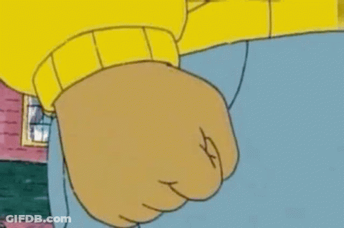 Cartoon Character Fist In Yellow Sweater And Blue Jeans GIF