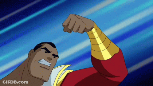 Cartoon Character Flexing Arm On Blue Background GIF