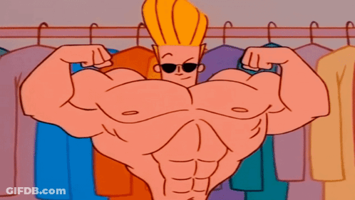 Cartoon Character Flexing Muscles At Clothes Racks GIF